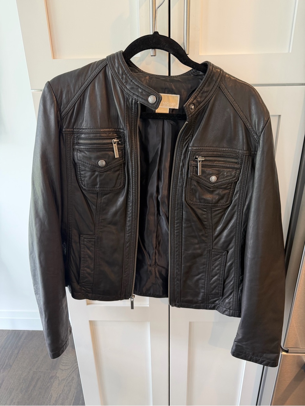 Michael Kors Black Leather Zip-Front Moto Jacket